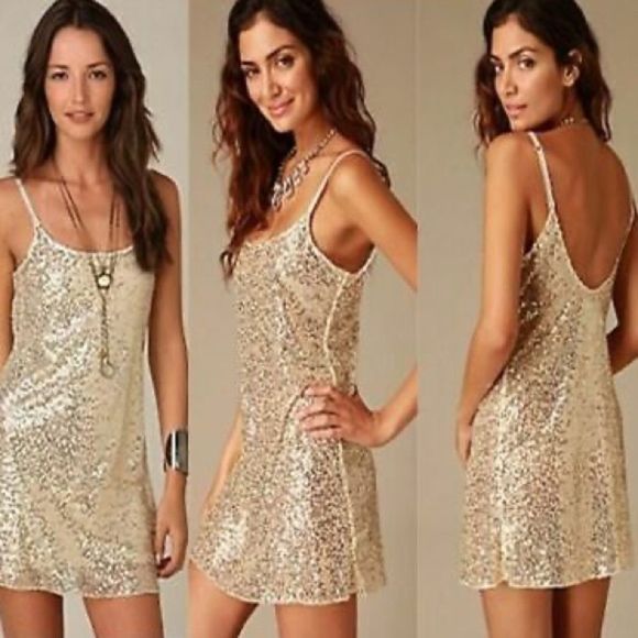 Free People Intimately gold sequin slip dress size L - Picture 1 of 11